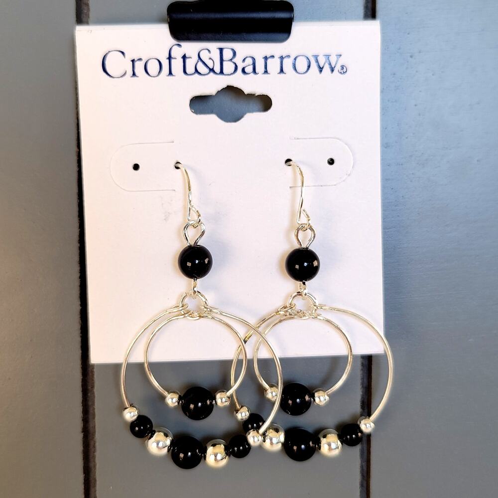Croft & Barrow Hoop Dangle Earrings Black Silver Beads 2.04in, Free Gift Bag